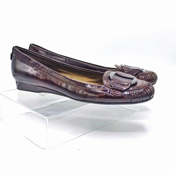 Stuart Weitzman Burgundy Patent Ballet Flats | Silver Buckle | Fall Office Chic - Picture 5 of 14